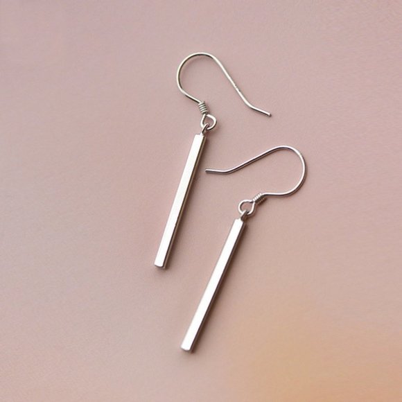 NEW 925 Sterling Silver Simple Bar Drop Earrings - Picture 3 of 4